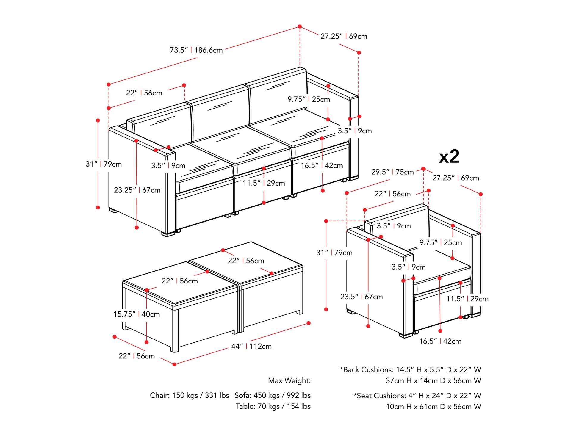 black and blue 5pc Patio Set Lake Front Collection measurements diagram by CorLiving#color_black-and-blue