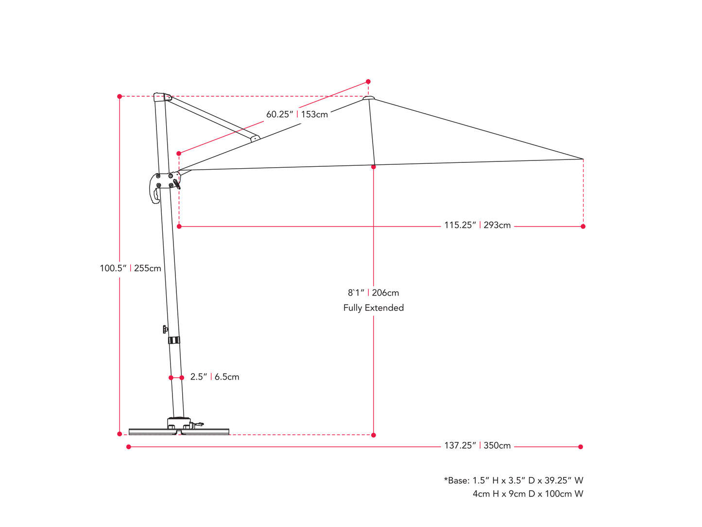 navy blue offset patio umbrella, 360 degree 100 Series measurements diagram CorLiving#color_navy-blue