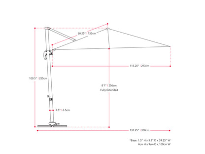 navy blue offset patio umbrella, 360 degree 100 Series measurements diagram CorLiving#color_navy-blue