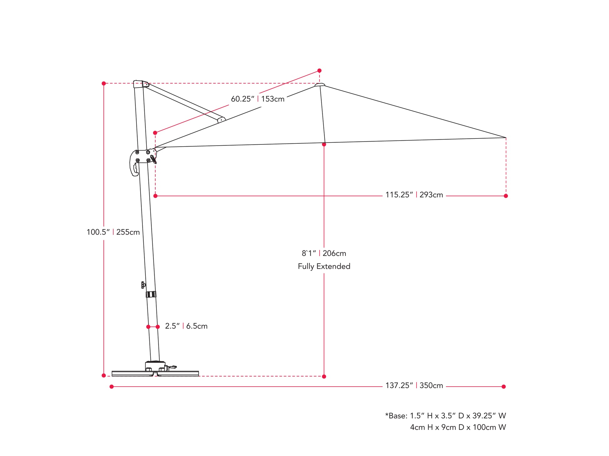 wine red offset patio umbrella, 360 degree 100 Series measurements diagram CorLiving#color_wine-red