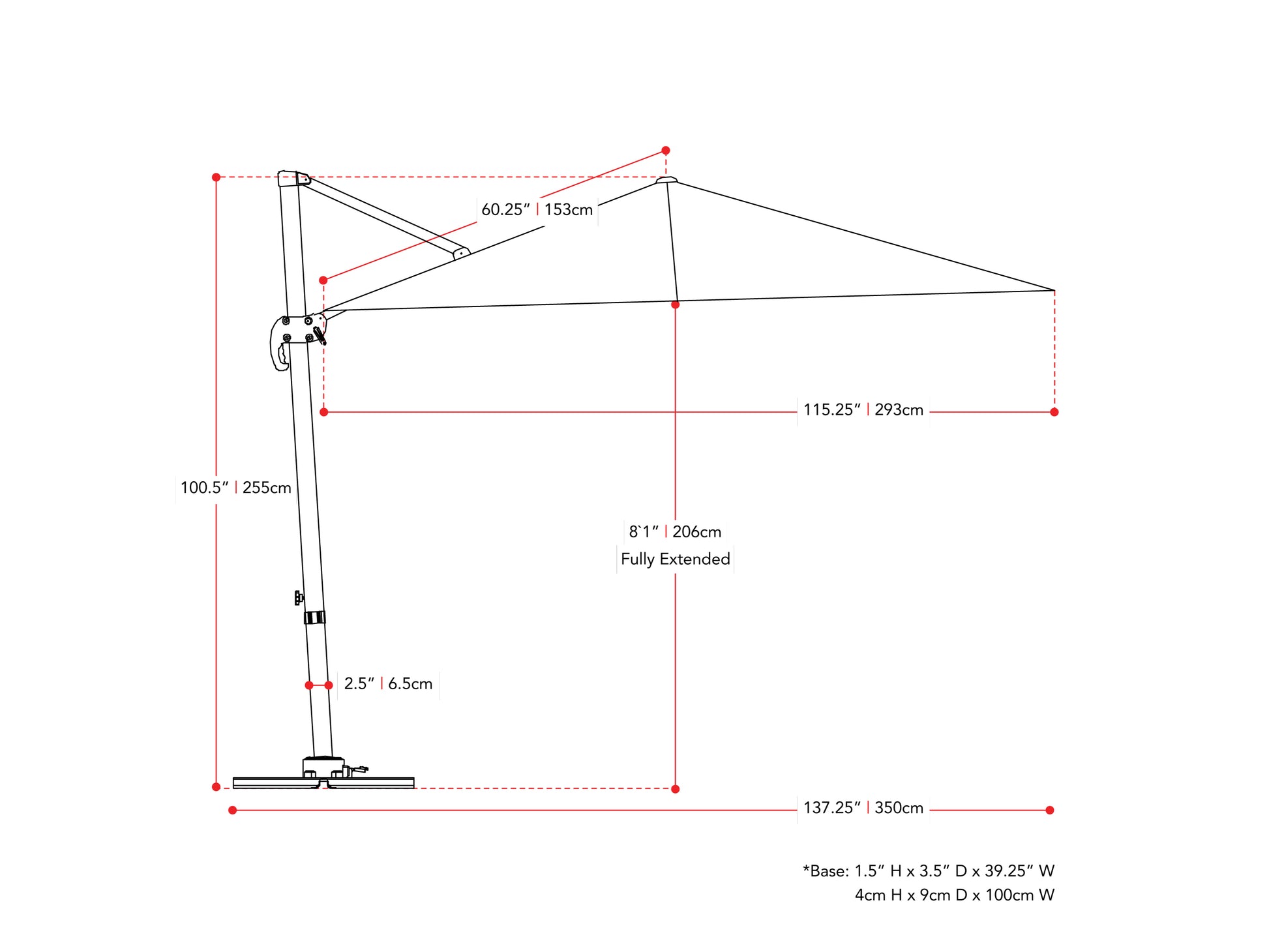 dark green offset patio umbrella, 360 degree 100 Series measurements diagram CorLiving#color_dark-green