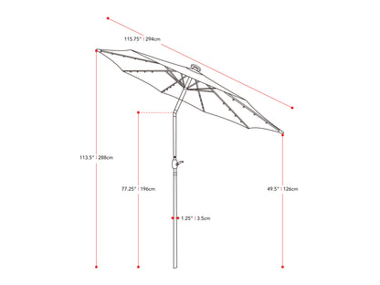 9.5ft LED tilting patio umbrella with beige canopy, dark brown pole, and built-in LED lights along the ribs for outdoor shade and ambiance.