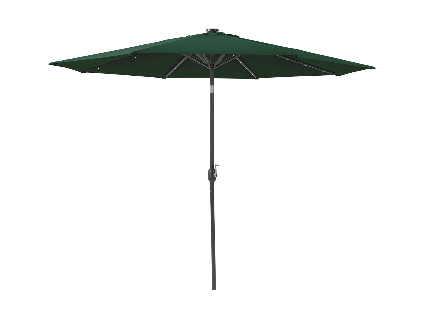 9.5ft LED patio umbrella in beige with tilting mechanism, featuring a sturdy metal frame, solar-powered LED lights on the ribs, and a crank lift system for easy adjustment.