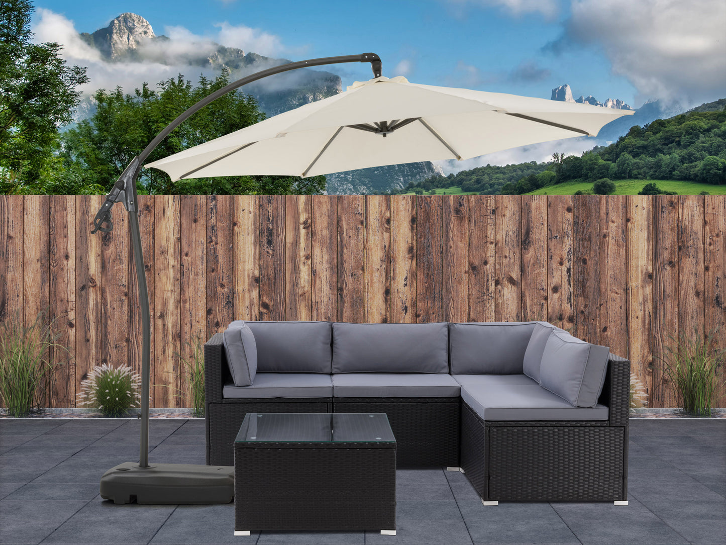 white cantilever patio umbrella with base Endure Collection lifestyle scene CorLiving#color_white