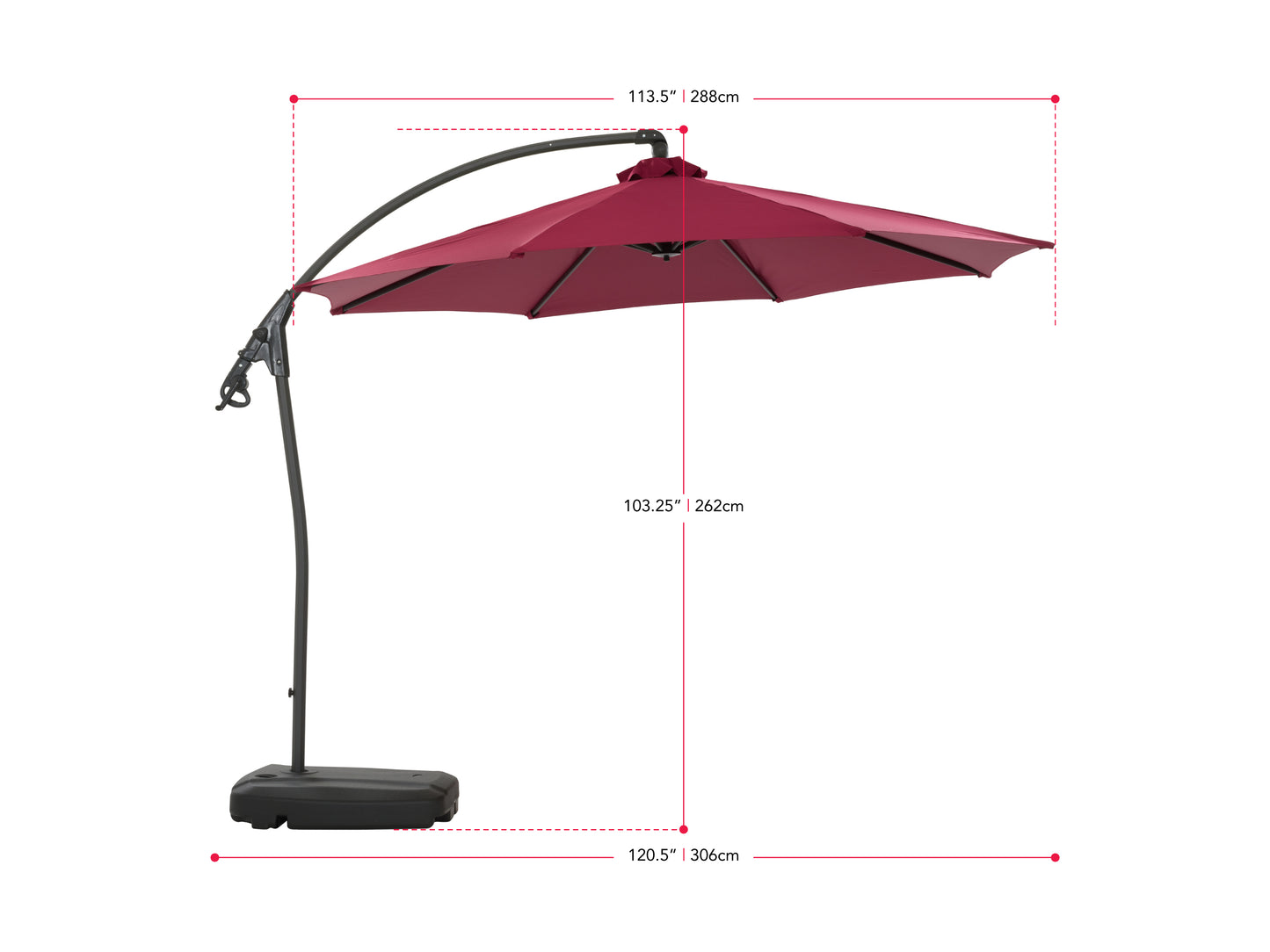 wine red cantilever patio umbrella with base Endure Collection measurements diagram CorLiving#color_wine-red
