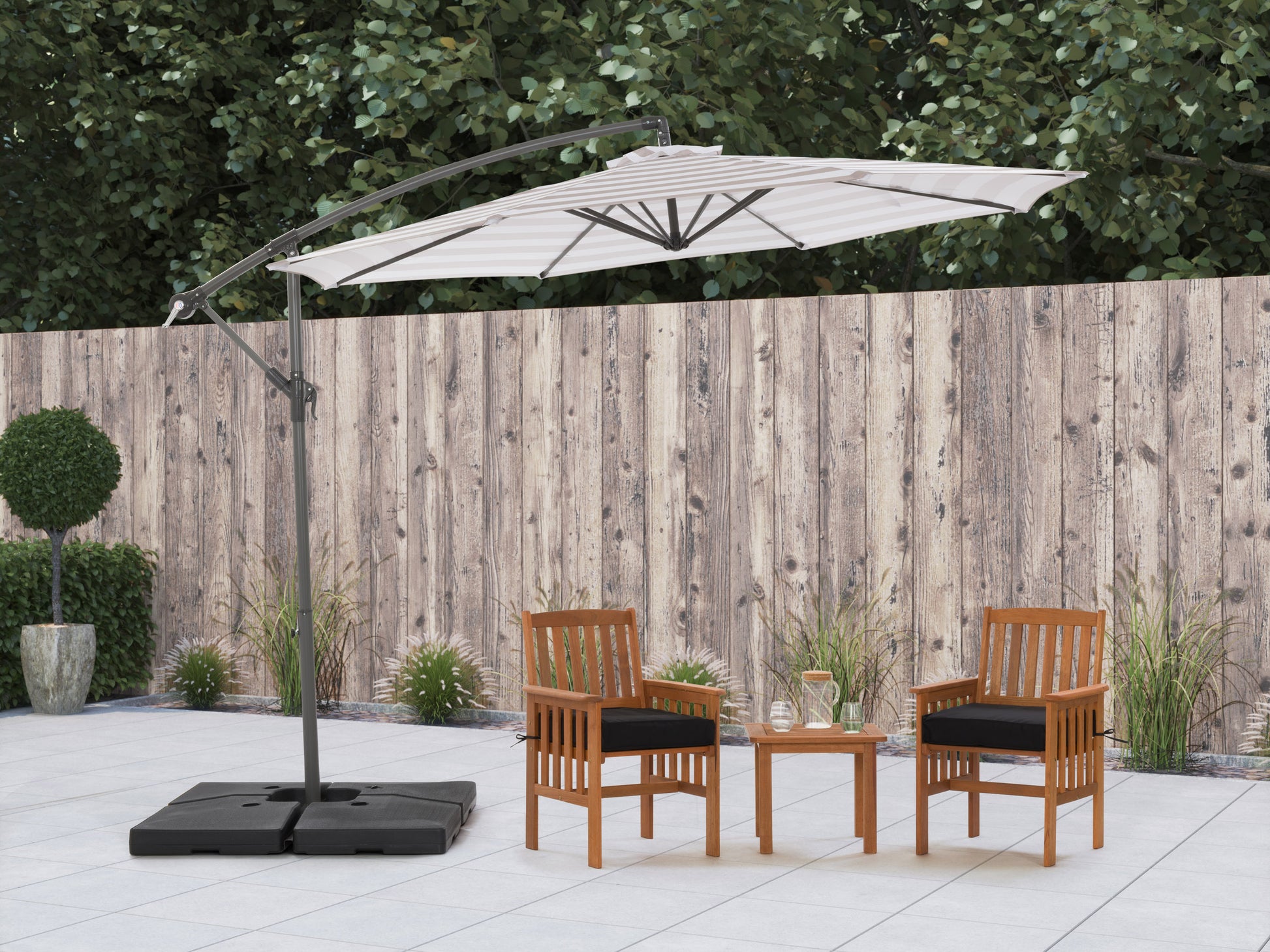 taupe and white offset patio umbrella 420 Series lifestyle scene CorLiving#color_taupe-and-white