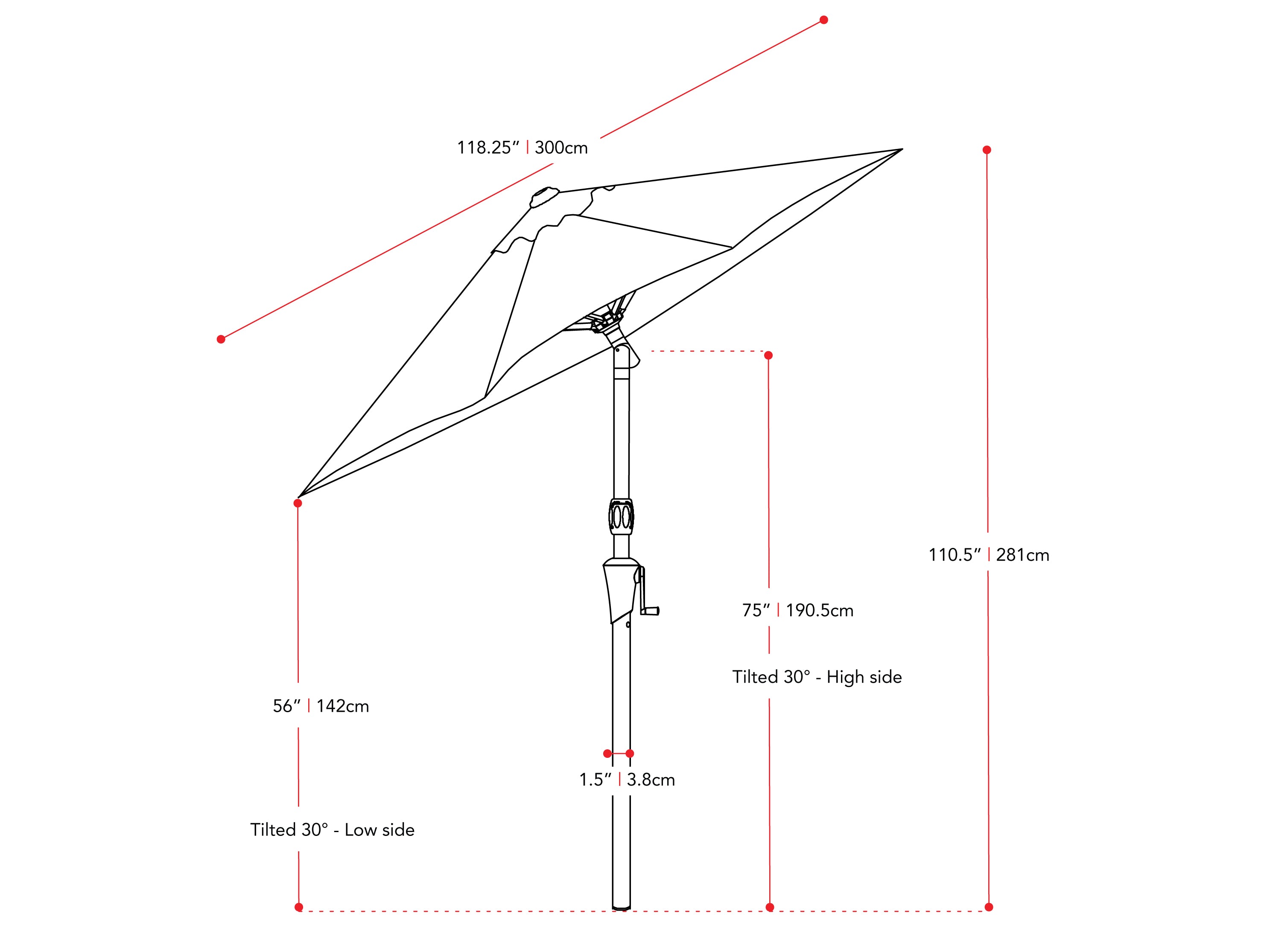 black large patio umbrella, tilting 700 Series measurements diagram CorLiving#color_ppu-black