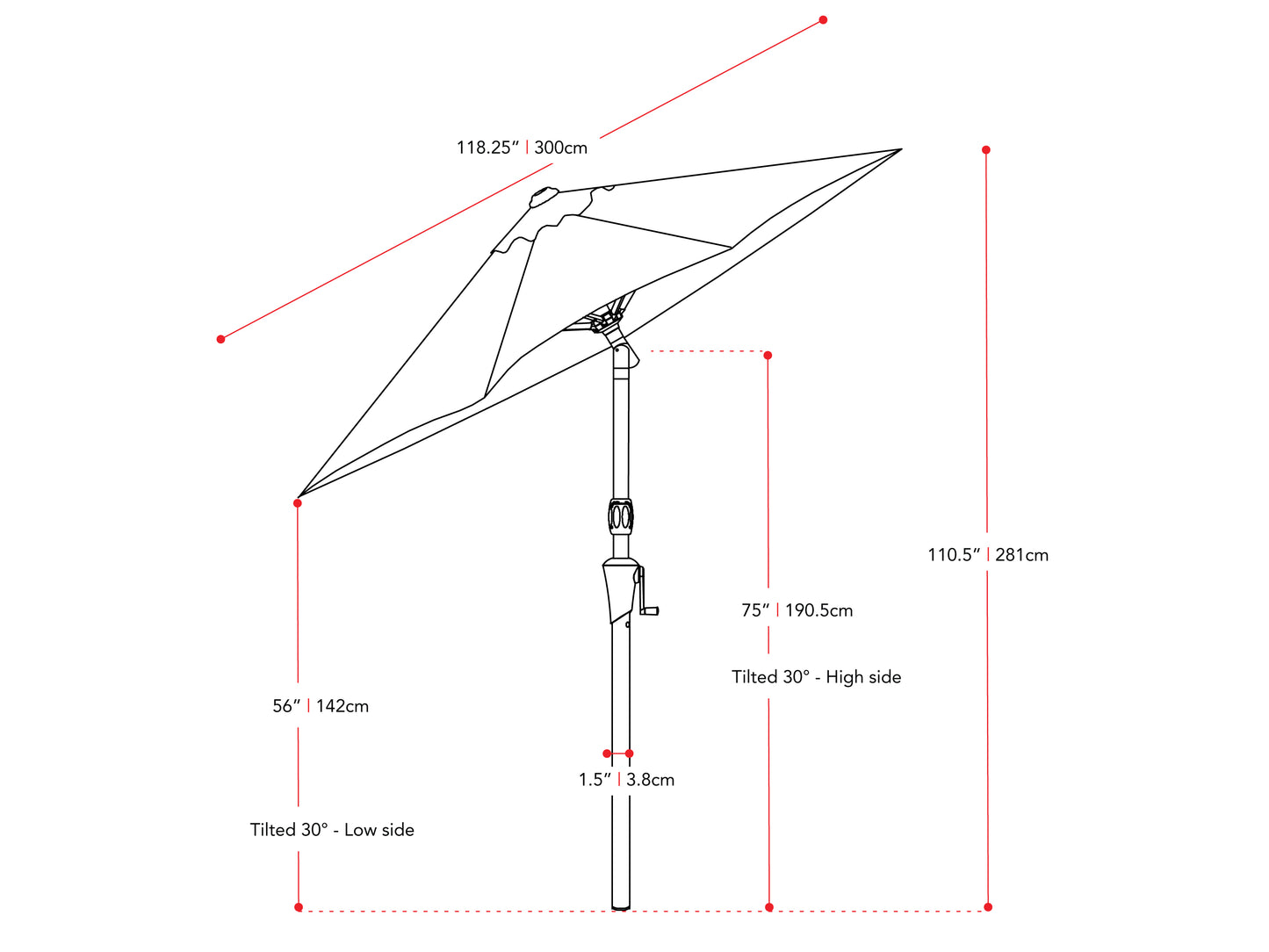 warm white large patio umbrella, tilting 700 Series measurements diagram CorLiving#color_ppu-warm-white