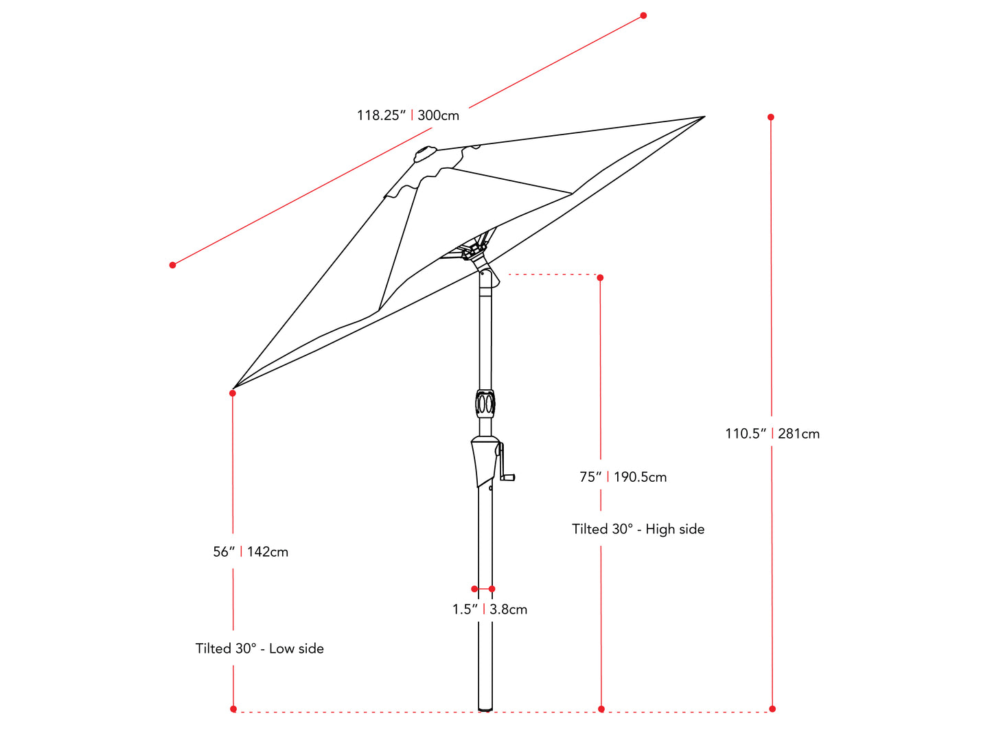 yellow large patio umbrella, tilting 700 Series measurements diagram CorLiving#color_ppu-yellow