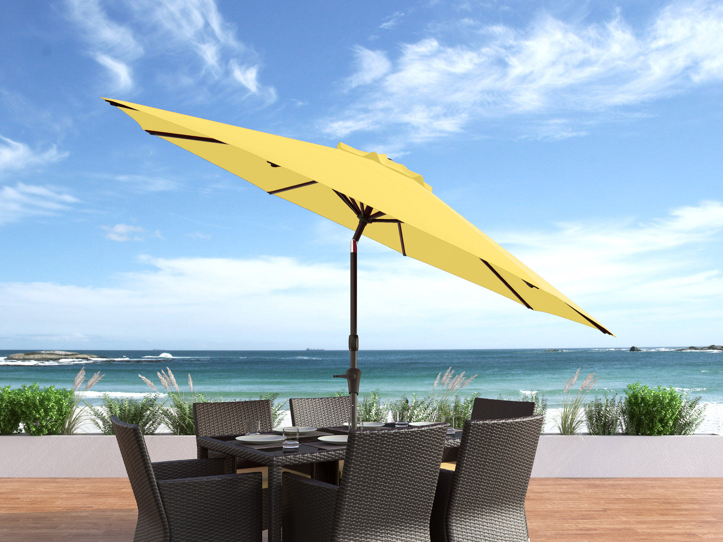 yellow large patio umbrella, tilting 700 Series lifestyle scene CorLiving#color_ppu-yellow