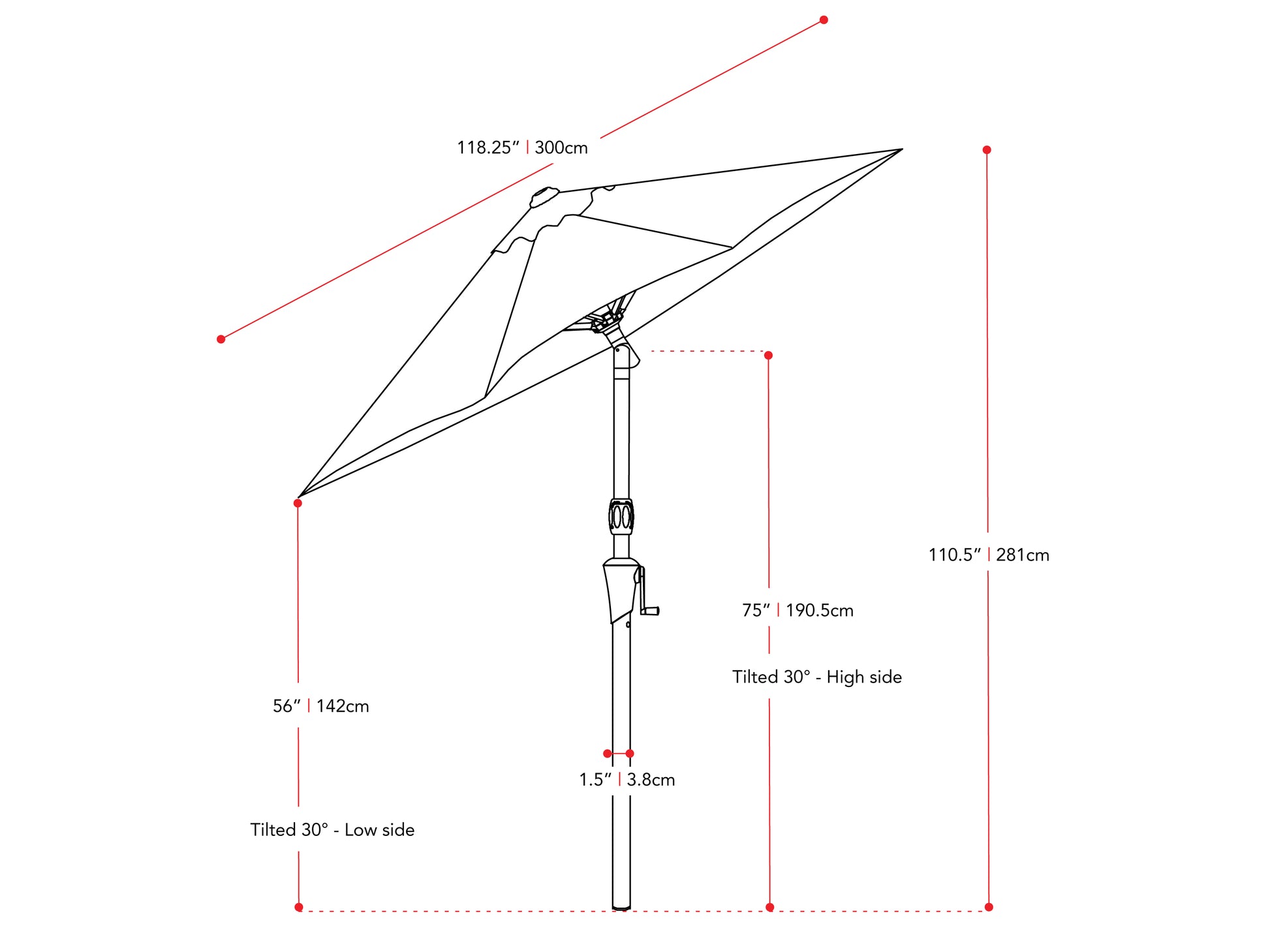 sandy grey large patio umbrella, tilting 700 Series measurements diagram CorLiving#color_ppu-sandy-grey