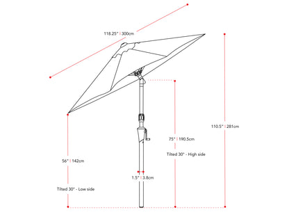 wine red large patio umbrella, tilting 700 Series measurements diagram CorLiving#color_ppu-wine-red