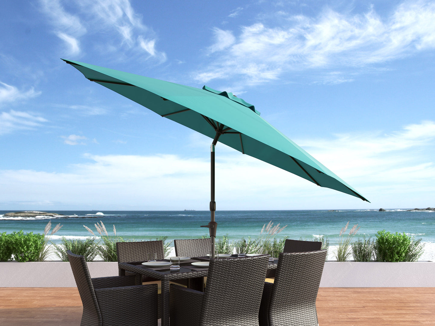 turquoise blue large patio umbrella, tilting 700 Series lifestyle scene CorLiving#color_ppu-turquoise-blue