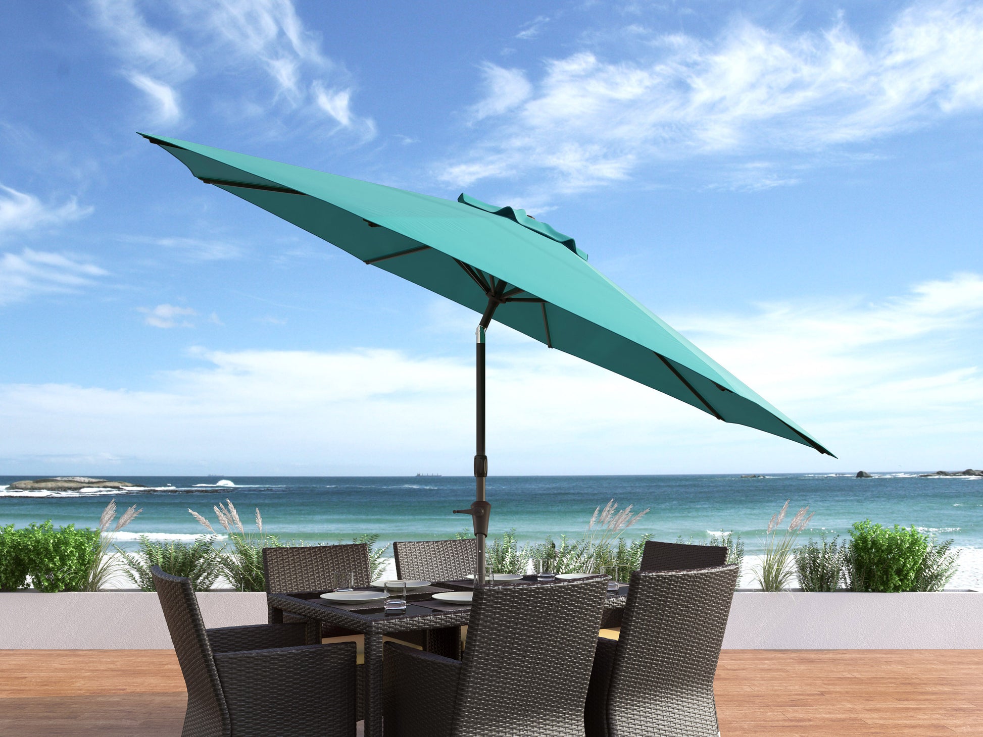 turquoise blue large patio umbrella, tilting 700 Series lifestyle scene CorLiving#color_ppu-turquoise-blue