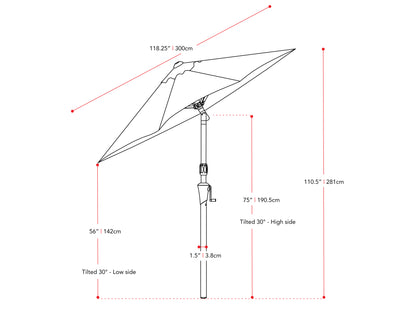 crimson red large patio umbrella, tilting 700 Series measurements diagram CorLiving#color_ppu-crimson-red