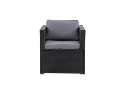 Modern dark gray patio chair with metal frame, wooden armrests, and plush gray cushions. Ideal for outdoor seating, durable materials ensure longevity. Perfect for patio, garden, or deck use.