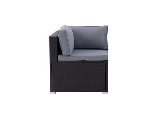 Outdoor corner patio chair with dark brown wicker frame, beige cushions, and clean lines, perfect for modern outdoor spaces. Durable, weather-resistant materials ideal for patio or garden seating.