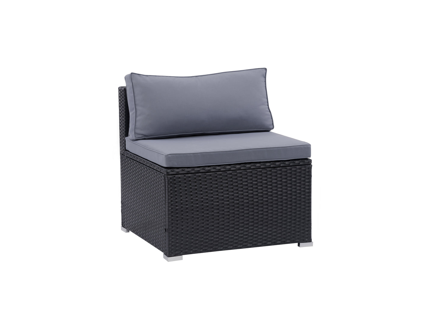 Modern dark gray patio chair with sleek metal frame, woven backrest, and cushioned seat, perfect for outdoor lounging. Durable and weather-resistant materials ensure longevity and comfort.