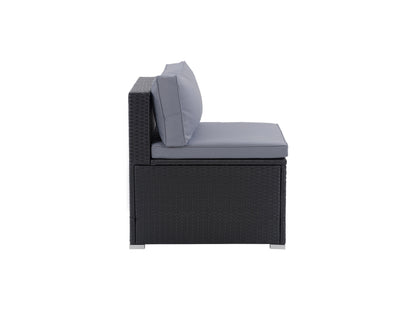 Modern outdoor patio chair with sleek black metal frame, grey cushioned seat and backrest, and wooden armrests. Ideal for stylish and comfortable outdoor seating.