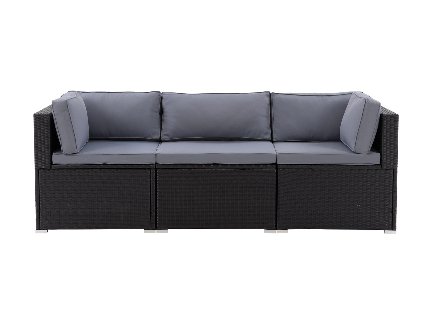 Gray outdoor patio sectional with cushioned seats, woven wicker frame, and matching glass-top coffee table. Features weather-resistant materials and modern design, perfect for outdoor lounging and entertaining.