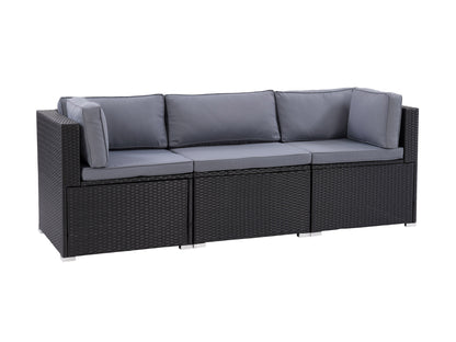 Gray outdoor patio sectional with cushioned seats, modern design featuring aluminum frame, weather-resistant fabric, and modular configuration. Ideal for garden or deck seating, providing comfort and style for outdoor spaces.