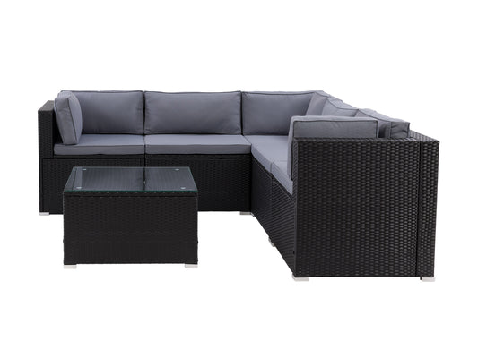 Gray wicker patio sectional set with six pieces, including cushions in beige fabric, a glass-top coffee table, and a modular design for customizable seating arrangements. Ideal for outdoor lounging and entertaining.