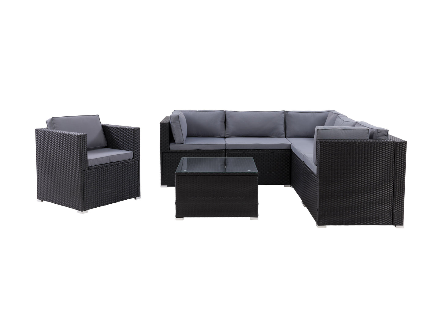 Outdoor 7-piece patio sectional set with gray cushions, dark wicker frame, and glass-top coffee table. Features modular design, weather-resistant materials, and comfortable seating for outdoor living spaces.