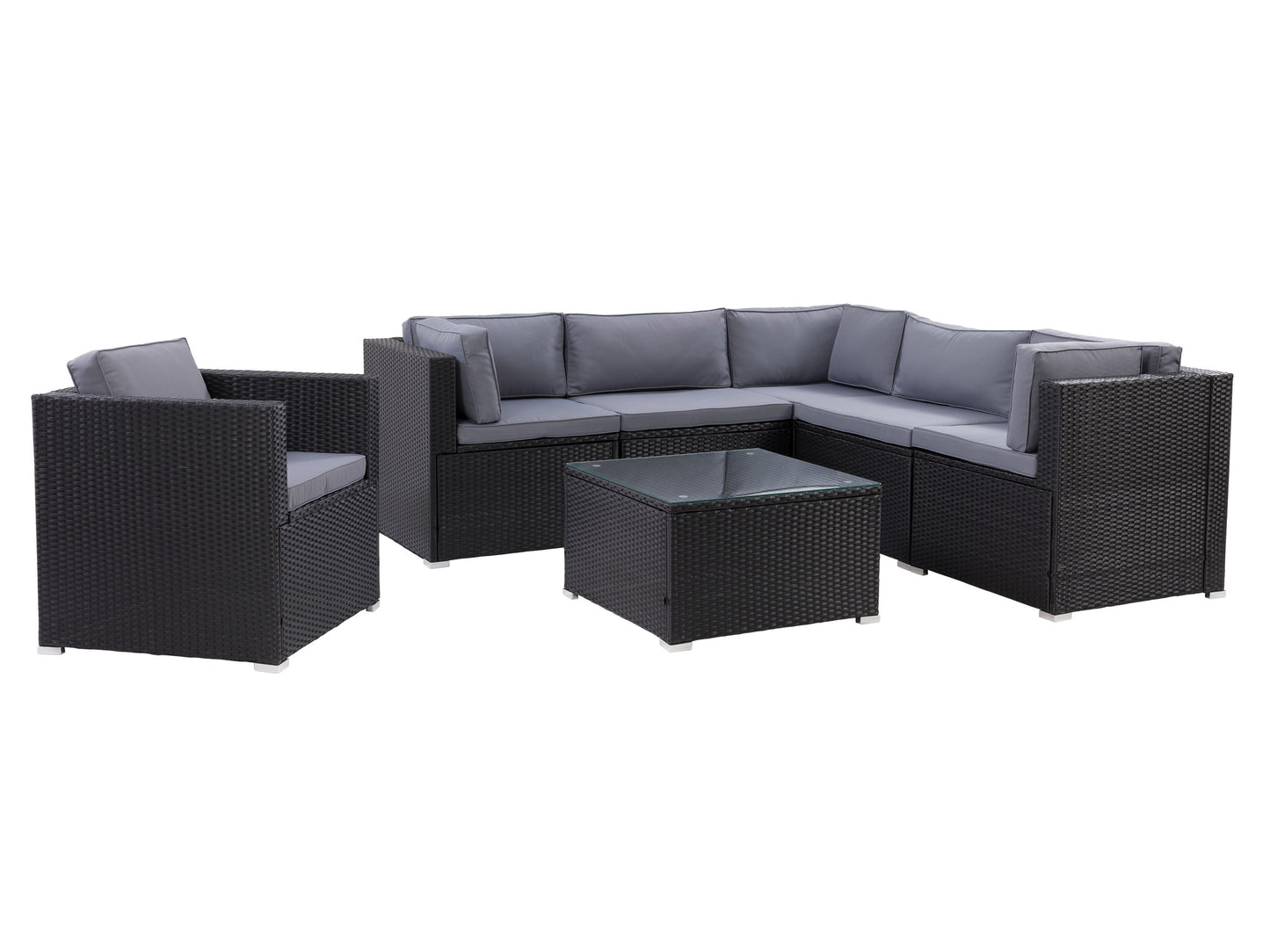 Outdoor patio sectional set with 7 pieces, featuring gray cushions and a dark wicker frame. Includes a corner sofa, armless chairs, and a glass-top coffee table. Ideal for garden or backyard lounging.