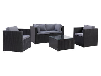 Modern patio conversation set with gray wicker, beige cushions, and a tempered glass coffee table. The set includes a loveseat, two armchairs, and a table, perfect for outdoor lounging and entertaining.