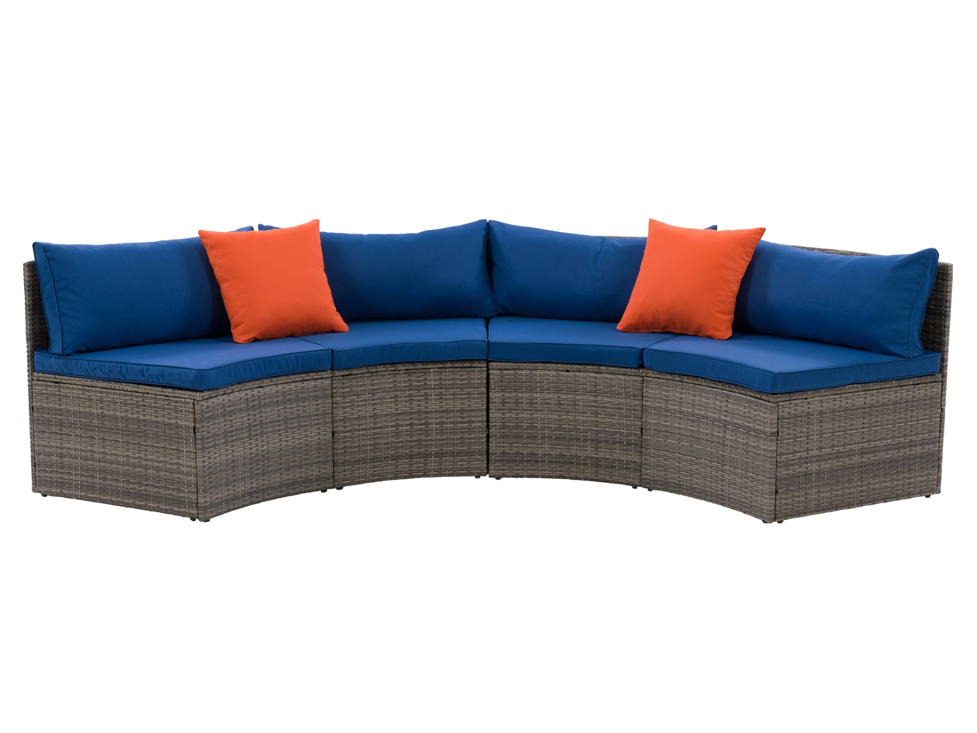 Curved outdoor sofa, 2-piece patio sectional in gray wicker with beige cushions, featuring a modern design and weather-resistant materials, perfect for garden or backyard relaxation.