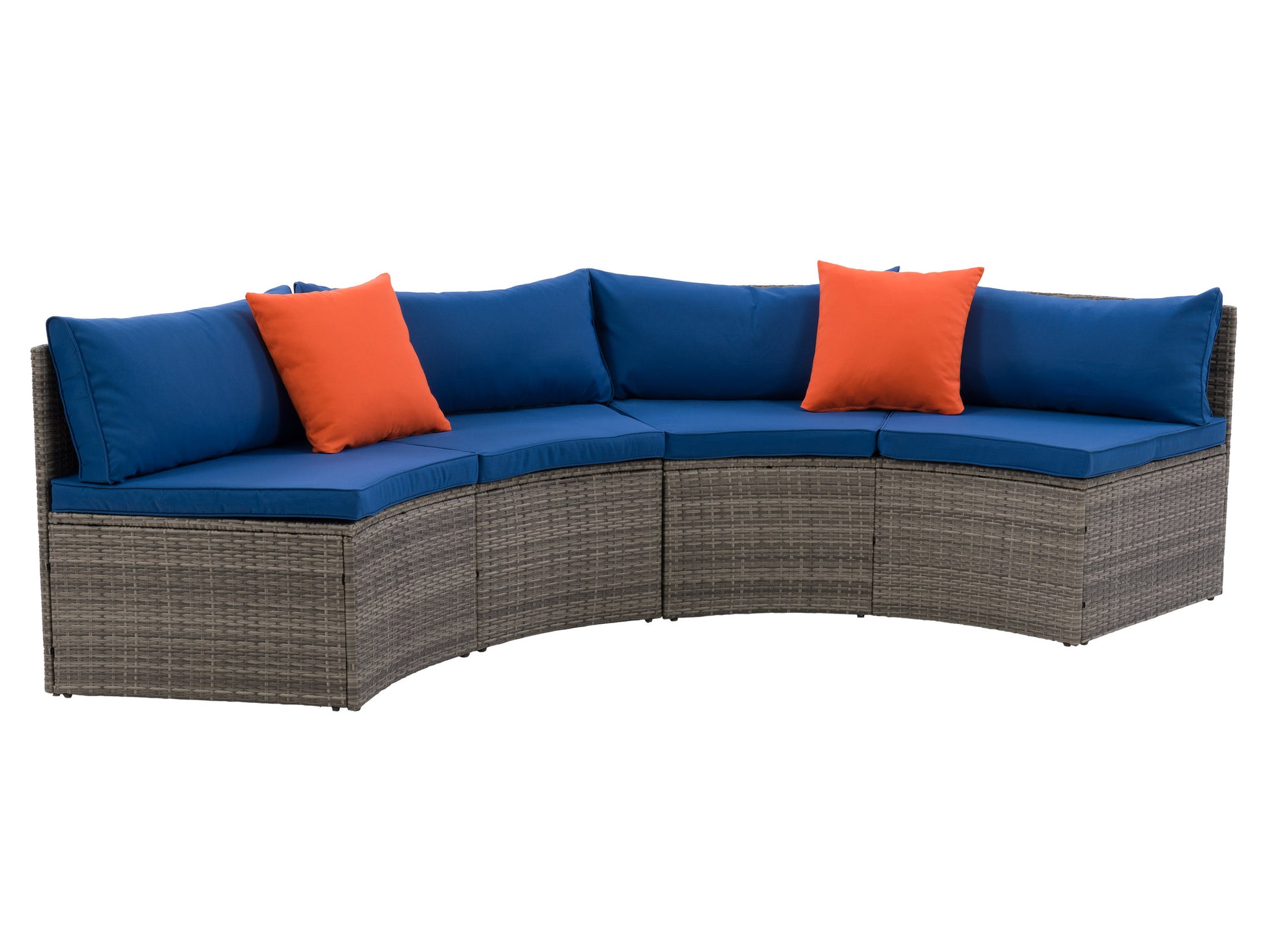 Grey outdoor patio sectional with plush cushions, featuring a modern design, durable wicker frame, and a matching coffee table with a tempered glass top, perfect for garden or backyard lounging.