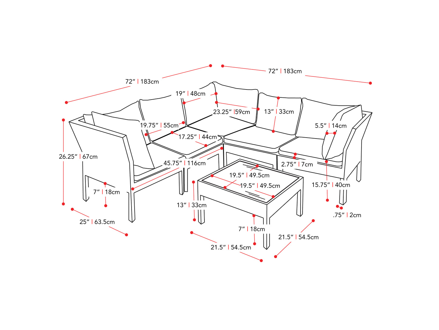 black and ash grey Patio Sectional Set, 6pc Parksville Collection measurements diagram by CorLiving#color_black-and-ash-grey