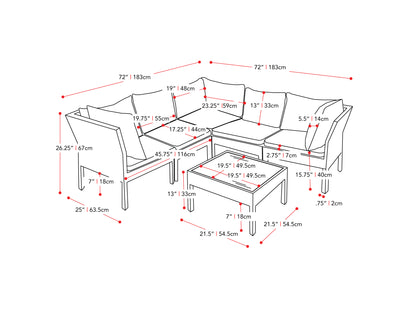 black and ash grey Patio Sectional Set, 6pc Parksville Collection measurements diagram by CorLiving#color_black-and-ash-grey