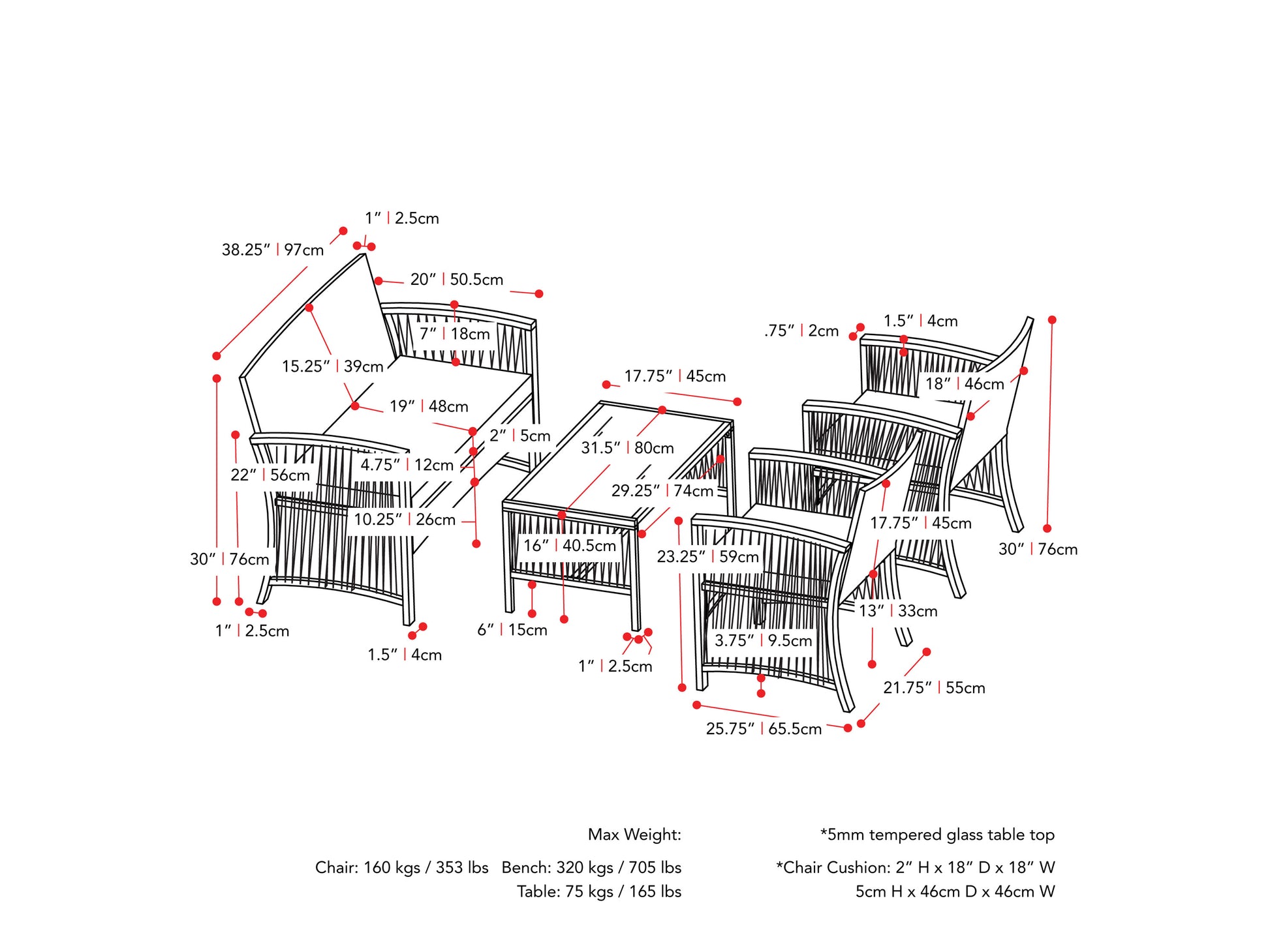 black and grey 4pc Patio Set Parksville Collection measurements diagram by CorLiving#color_black-and-grey