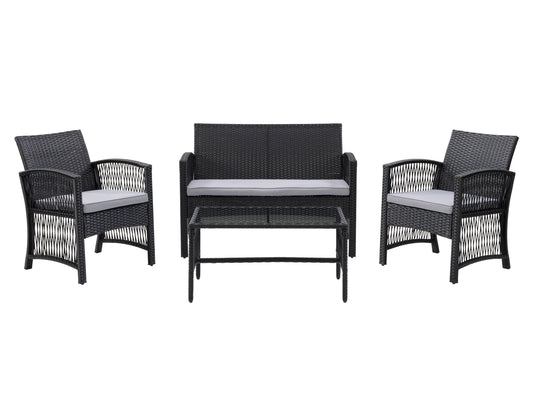 4-piece patio conversation set with gray wicker sofa, two armchairs, and glass-top coffee table, featuring cream cushions and sturdy aluminum frames, perfect for outdoor relaxation and entertaining.