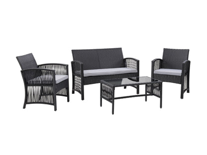 Brown wicker patio conversation set with beige cushions, featuring a loveseat, two armchairs, and a glass-top coffee table. Ideal for outdoor lounging, this set combines style, comfort, and durability.