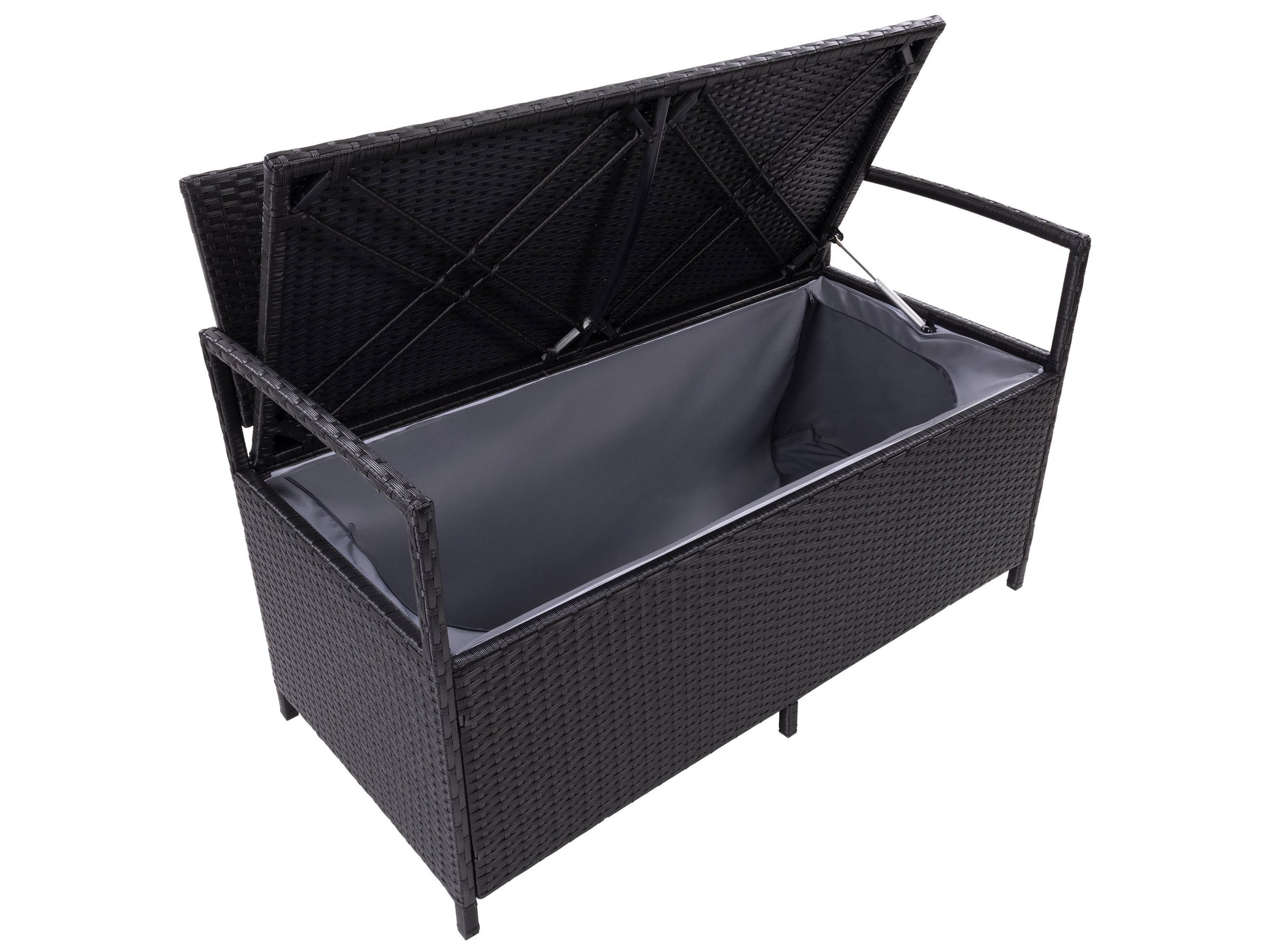 Outdoor bench with storage, featuring a sleek black metal frame, natural wood slats, and a spacious under-seat storage compartment. Ideal for patios and gardens, combining functionality with modern design.