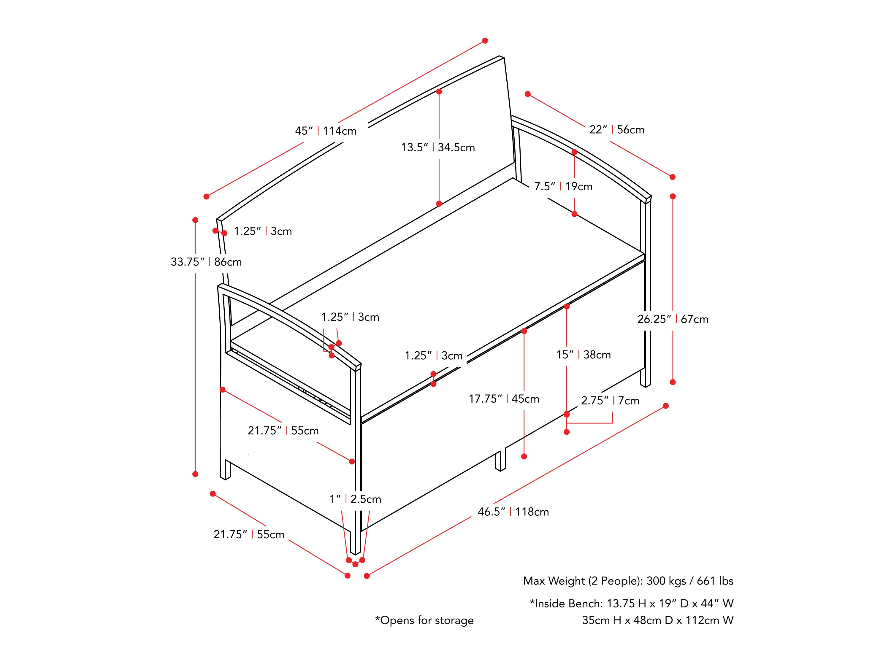 black weave Outdoor Bench with Storage Parksville Collection measurements diagram by CorLiving#color_textured-black-weave