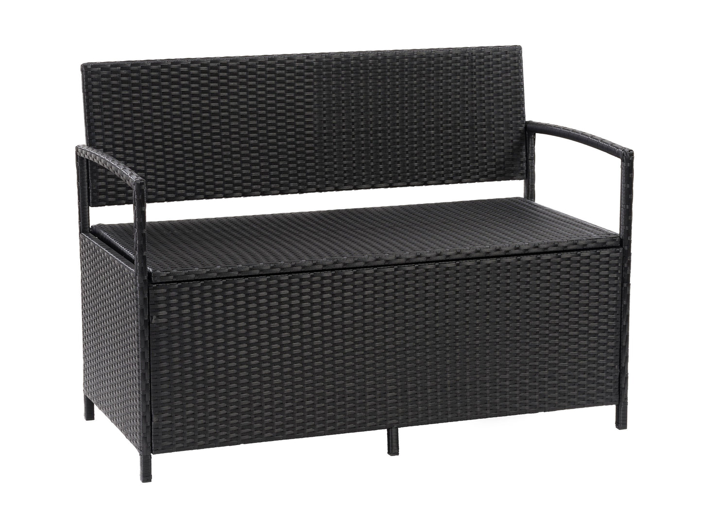 Gray outdoor patio bench with storage, featuring a slatted backrest, armrests, and a hinged seat for convenient storage. Made of weather-resistant materials, perfect for garden or deck seating and organization.