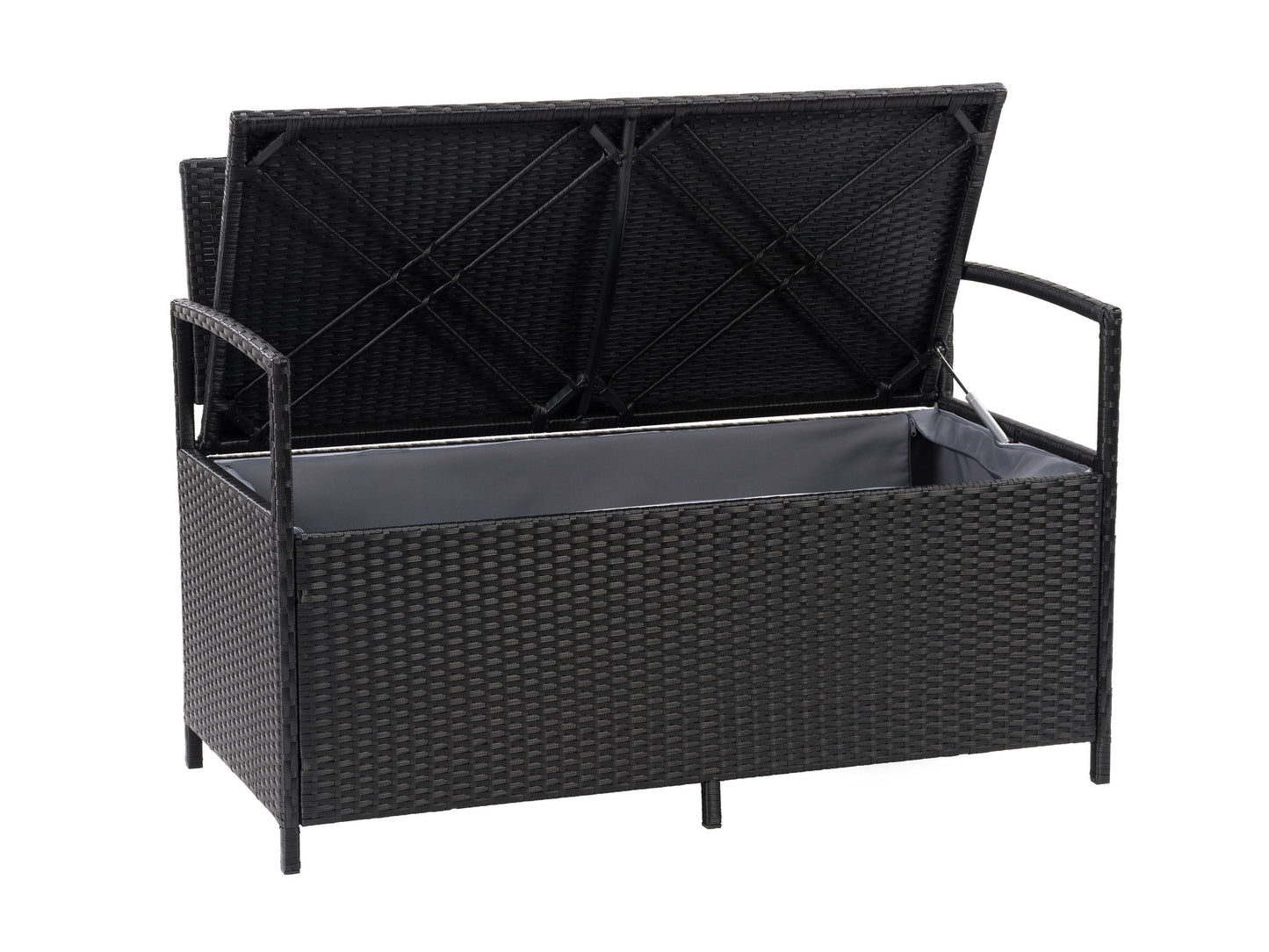 Dark brown wooden outdoor patio bench with built-in storage, featuring a slatted backrest and armrests, weather-resistant finish, and spacious under-seat storage compartment for garden tools and cushions.