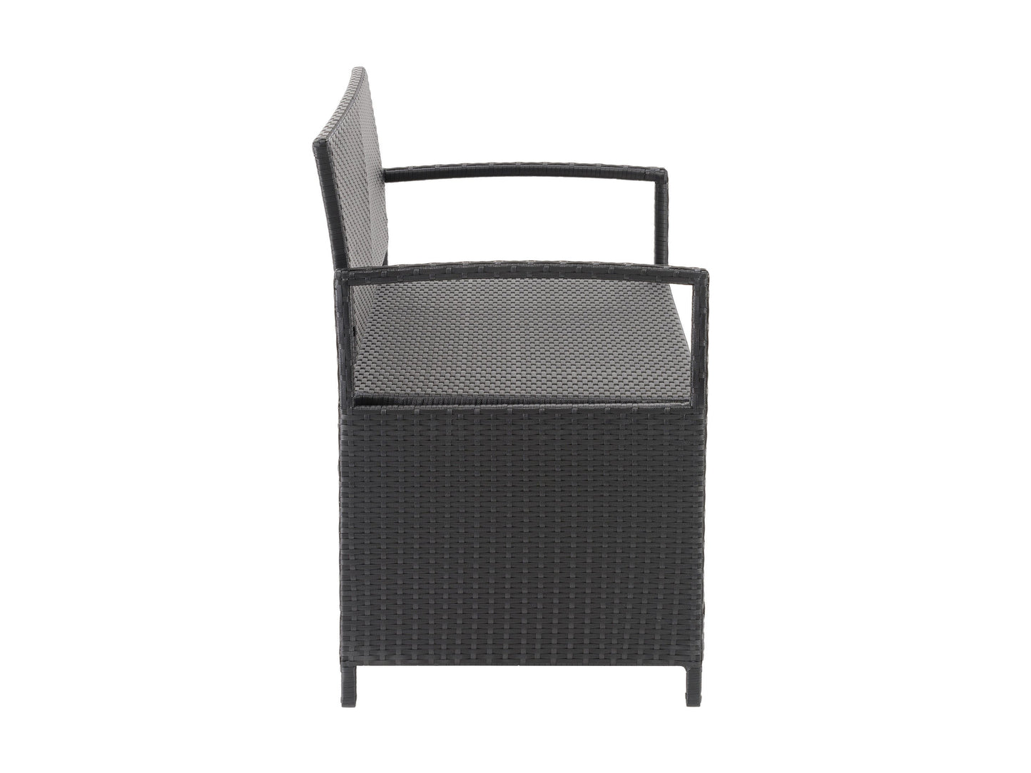 Outdoor patio bench with storage, featuring a slatted wooden seat and backrest in natural brown finish, black metal frame, and armrests, perfect for garden or porch seating and storage solutions.