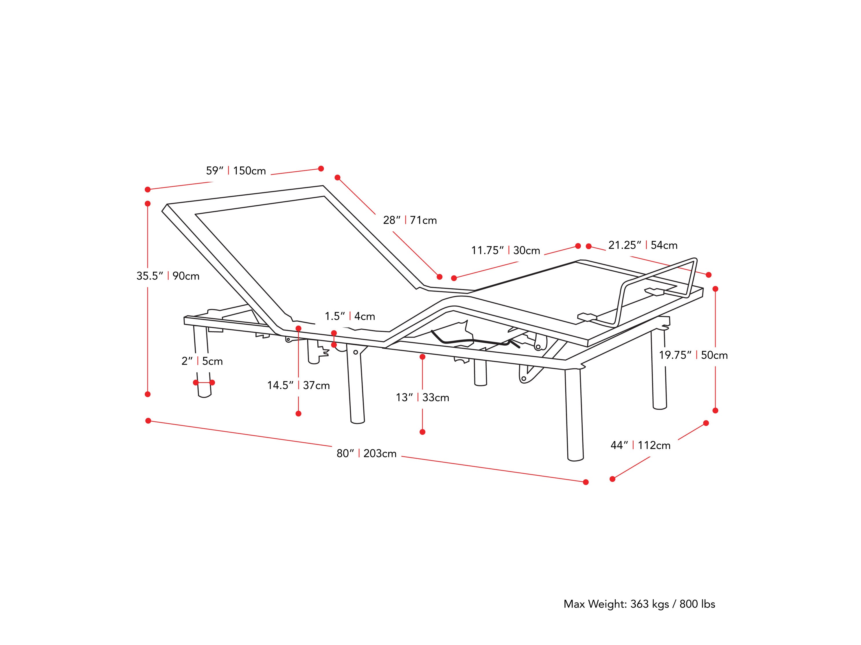 Electric Adjustable Bed Frame, Queen measurements diagram by CorLiving