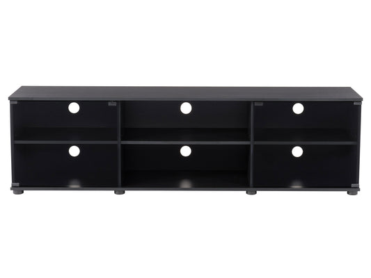 TV stand with glass doors, dark wood finish, two open shelves, and three storage compartments, suitable for TVs up to 85 inches.