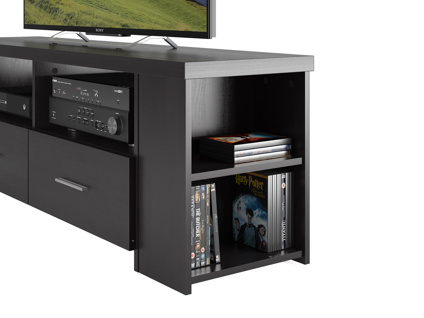 Modern TV stand with sleek black finish, featuring two open shelves and two closed cabinets with silver handles. Made from durable wood and metal, perfect for contemporary living rooms.