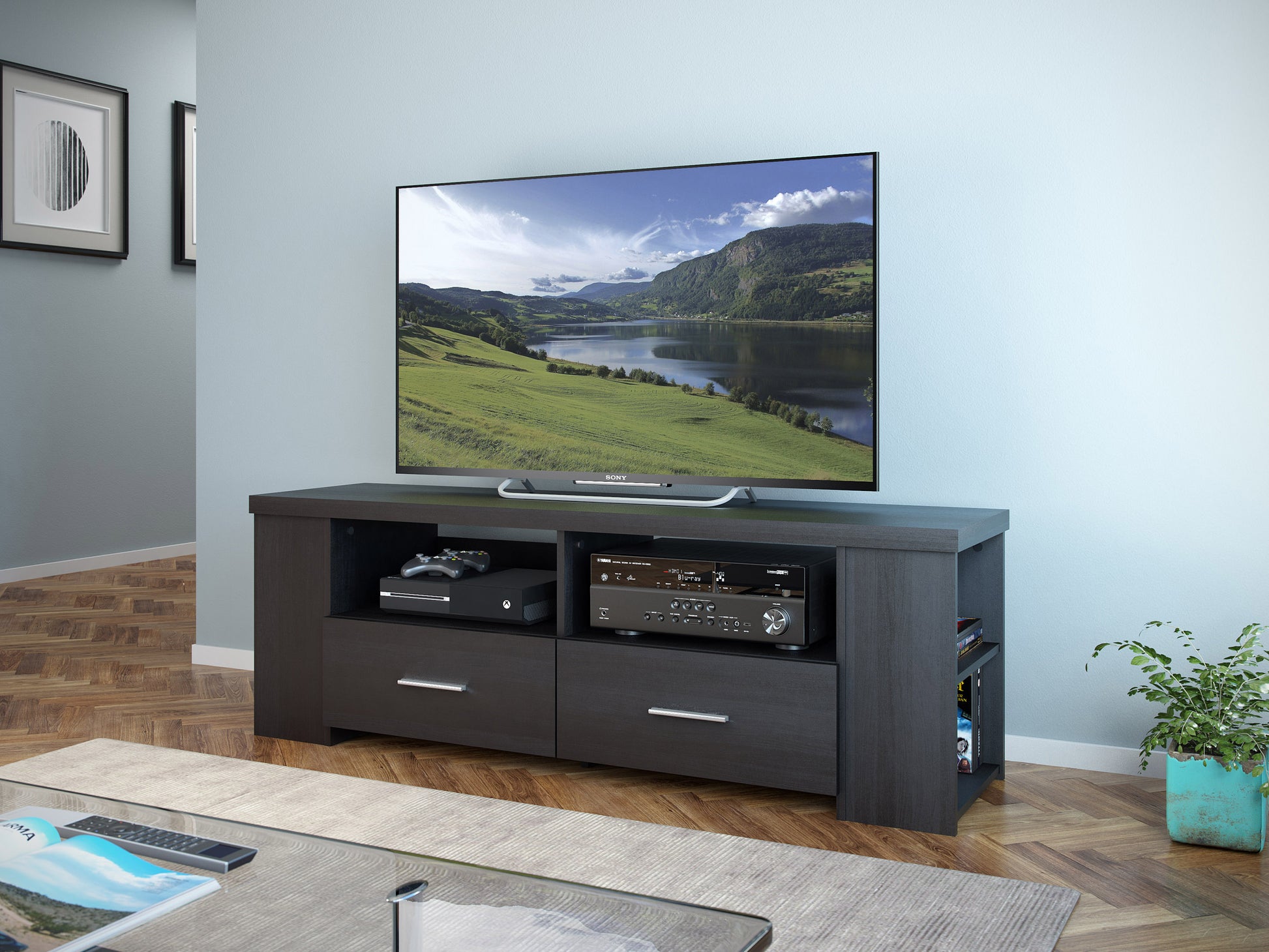 Black wooden TV stand with modern sleek design, suitable for TVs up to 75 inches, featuring open shelving and two spacious cabinets for storage, complemented by metal handles and a smooth black finish.