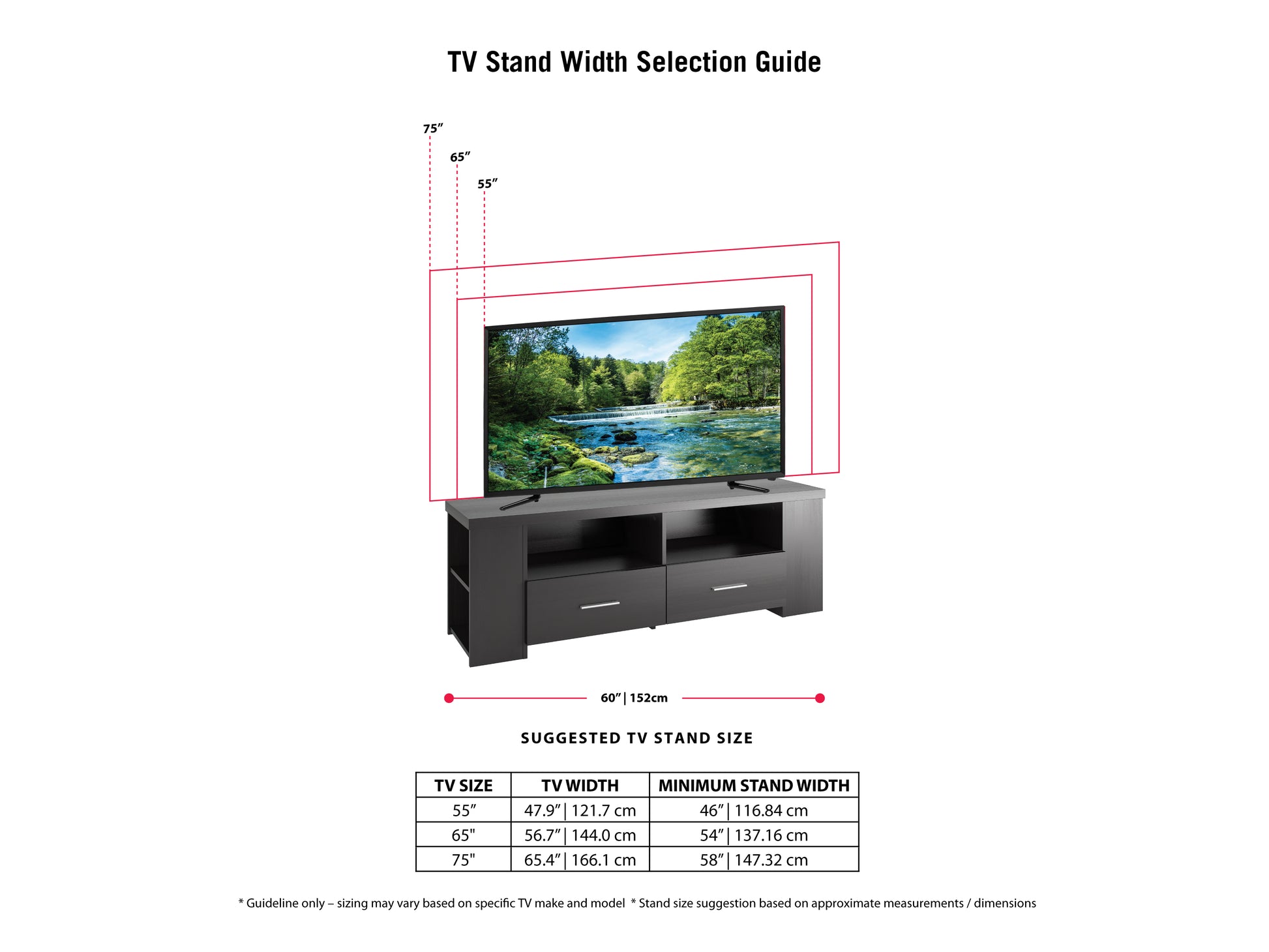 Black TV stand for TVs up to 75 inches, featuring sleek modern design, tempered glass shelves, and sturdy metal frame.