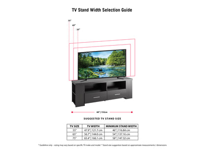 Black TV stand for TVs up to 75 inches, featuring sleek modern design, tempered glass shelves, and sturdy metal frame.