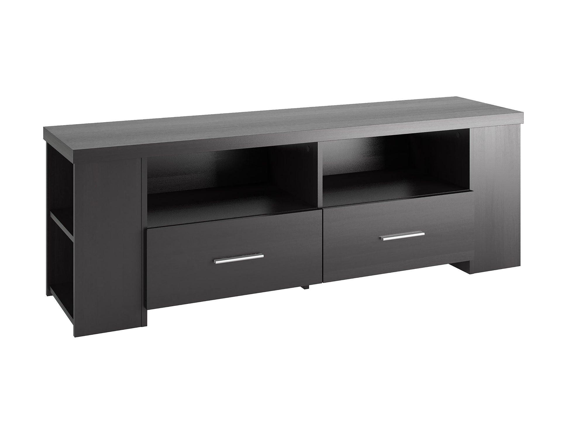 Modern TV stand with a sleek white finish, featuring a wooden top, two open shelves, and two spacious drawers with minimalist handles, perfect for contemporary living rooms and media storage.