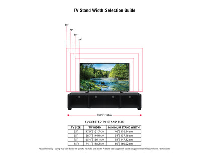 Modern TV stand with sleek black metal frame, rustic brown wood shelves, and open storage design. Features cable management holes, adjustable feet for stability, and a contemporary industrial style perfect for living rooms.