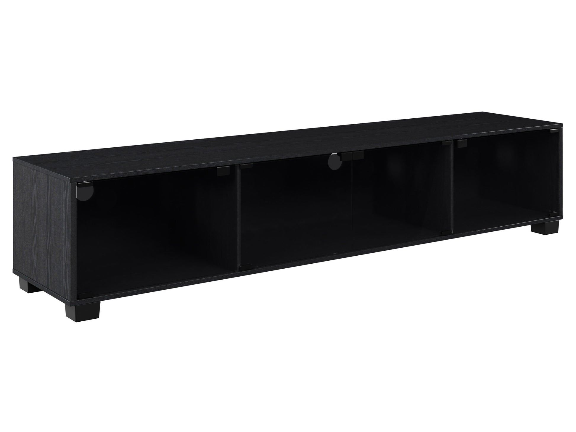 Modern wooden TV stand with two open shelves, two drawers, and a sleek walnut finish. Features black metal legs and minimalist design, perfect for contemporary living rooms.